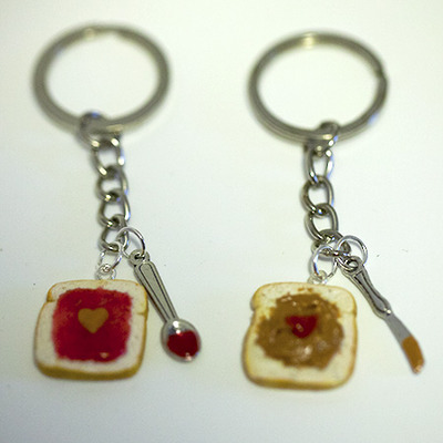 Kawaii cute miniature food keychains - bff peanut butter jelly heart keychain set with knife and spoon best friend forever 