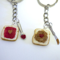 Kawaii Cute Miniature Food Keychains - BFF Peanut Butter Jelly Heart Keychain Set with Knife and Spoon Best Friend Forever  - Thumbnail 1