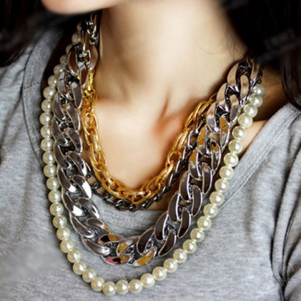 Layered Link Pearl Chain Necklace