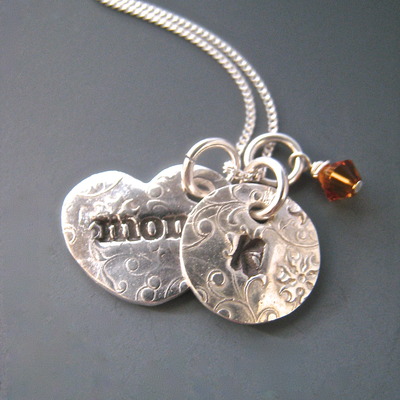 Mom heart necklace with 1 initial m, 1 birthstone