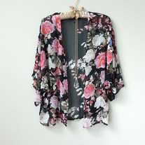 Romantic Boho Sheer Black Floral Pink and White Roses Kimono, Beach Cover Up Shawl