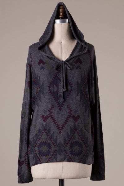 Charcoal Aztec Print Hoodie Top