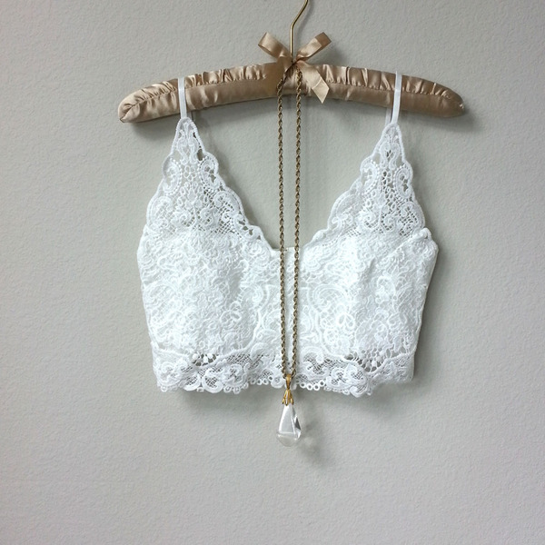 White Lace Bralette Crop Top, Lace Bra with Zipper Back