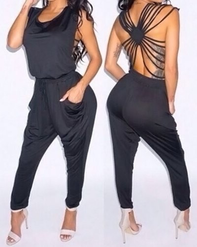 Draped Collar Backless Jumpsuit