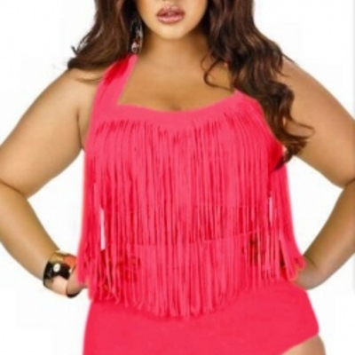Plus swim fringe highwaist pink