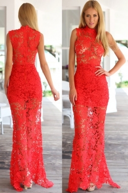 Red See through Lace Maxi