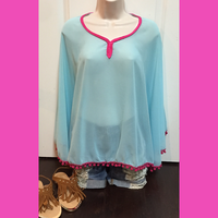 Aqua Pom Pom Poncho - Thumbnail 1