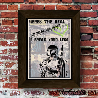 Star wars - boba fett breaking legs quote upcycled vintage comic book art print. #0066