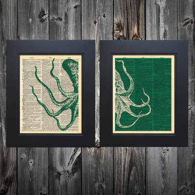 Nautical giant squid art print on upcycled vintage dictionary page #0083