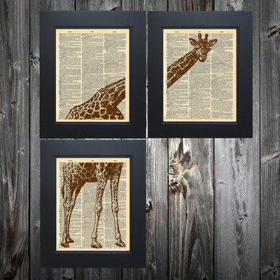 Giant 3 piece giraffe art print on upcycled vintage dictionary page #0084