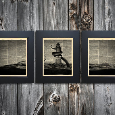 Complete set of 3 kraken art prints sailors delight on upcycled vintage dictionary page #0086