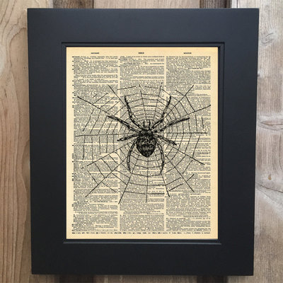 Spider web art print on upcycled vintage dictionary page #0082