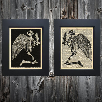 Praying angels skeleton art print on upcycled vintage dictionary page #0071
