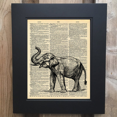 Cool elephant art print on upcycled vintage dictionary page #0064