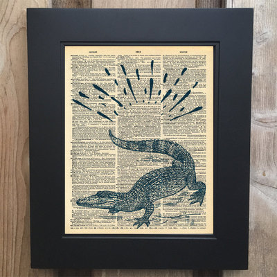 Cool crocodile art print on upcycled vintage dictionary page #0058