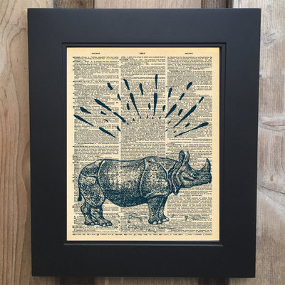 Cool rhino art print on upcycled vintage dictionary page #0056