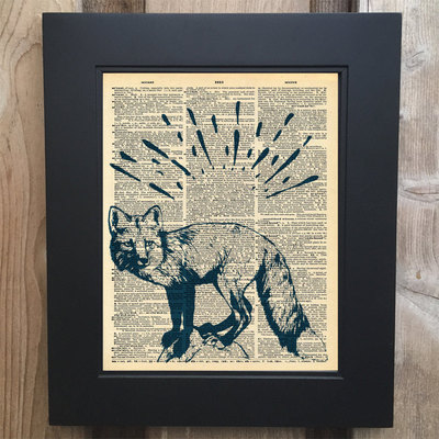Cool fox art print on upcycled vintage dictionary page #0047