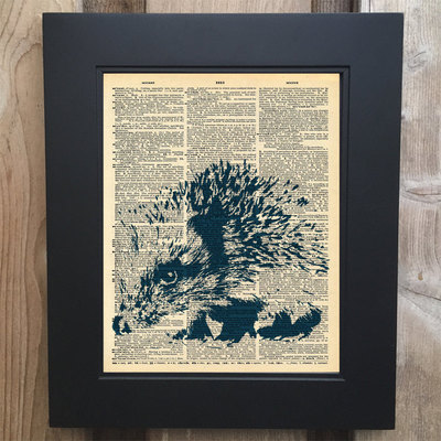 Cool hedgehog art print on upcycled vintage dictionary page #0049