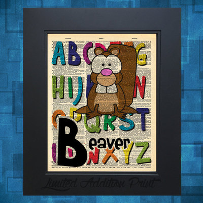 B is for beaver alphabet art print on vintage upcycled dictionary page