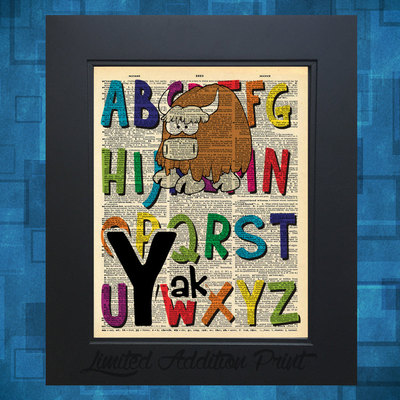 Y is for yak alphabet art print on vintage upcycled dictionary page