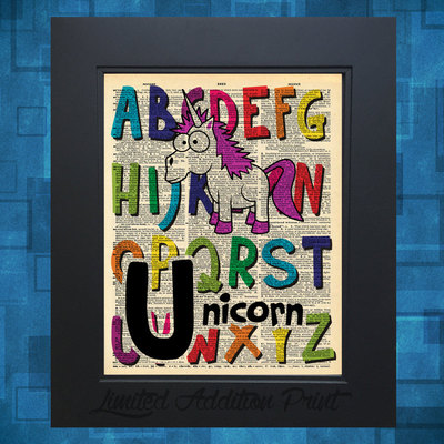 U is for unicorn alphabet art print on vintage upcycled dictionary page