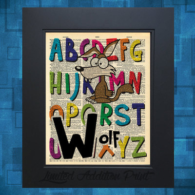 W is for wolf alphabet art print on vintage upcycled dictionary page