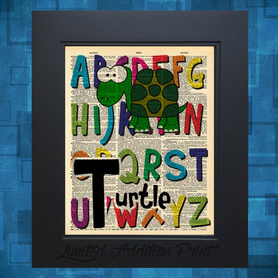 T is for turtle alphabet art print on vintage upcycled dictionary page - Thumbnail 3