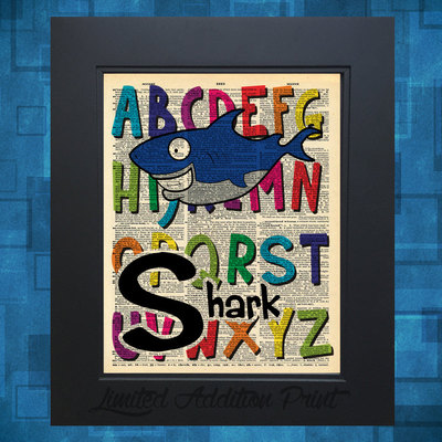 S is for shark alphabet art print on vintage upcycled dictionary page