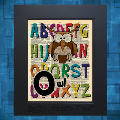 O is for owl alphabet art print on vintage upcycled dictionary page