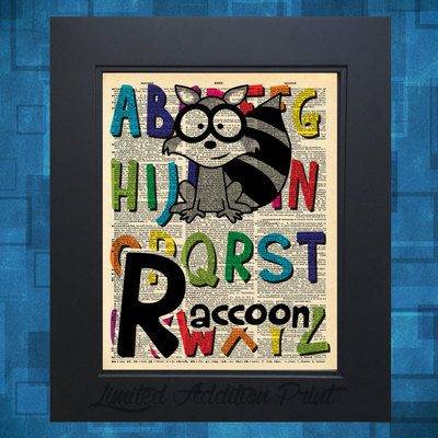 R is for raccoon alphabet art print on vintage upcycled dictionary page