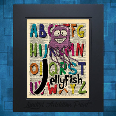 I is for jellyfish alphabet art print on vintage upcycled dictionary page