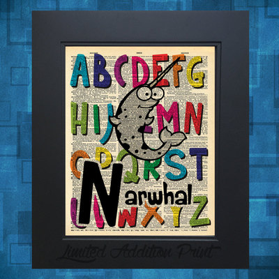 N is for narwhal alphabet art print on vintage upcycled dictionary page