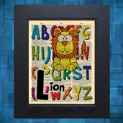 L is for lion alphabet art print on vintage upcycled dictionary page