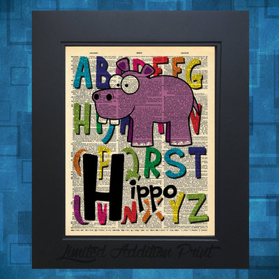 H is for hippo alphabet art print on vintage upcycled dictionary page