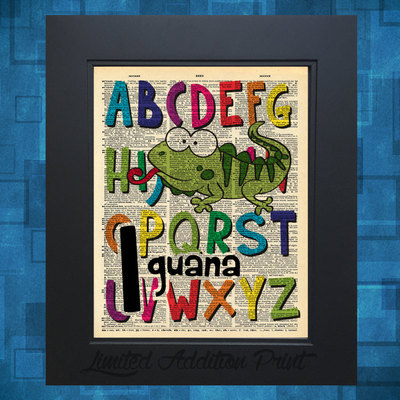 I is for iguana alphabet art print on vintage upcycled dictionary page