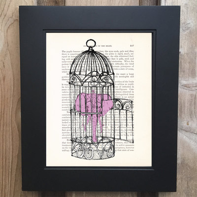 The pink elephant in the room art print on upcycled 1903 medicology book #0016