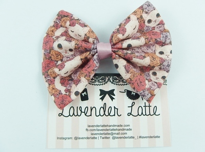 Kawaii Cats and Roses Bow Cute Print Fabric Hair Clip Accessory