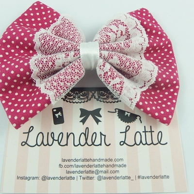 Cute berry dot hair bow with white lace overlay - Thumbnail 4