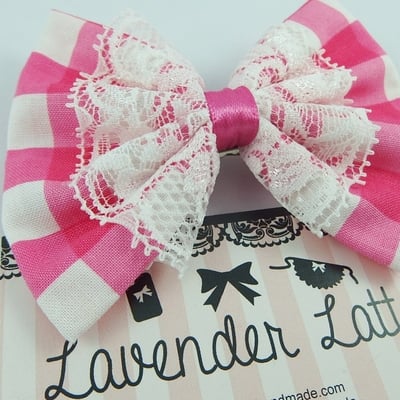 Cute hot pink and white check gingham hair bow with white lace overlay - Thumbnail 3