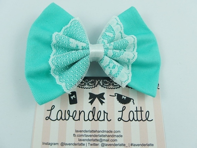 Aqua Fabric Hair Bow with White Lace Overlay