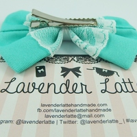 Aqua Fabric Hair Bow with White Lace Overlay - Thumbnail 2