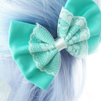 Aqua Fabric Hair Bow with White Lace Overlay - Thumbnail 4