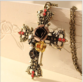 Floral Skull Cross Pendant Chain