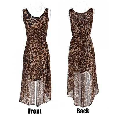 Sexy chiffon sleeveless asymmetric dress in black / leopard print