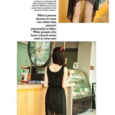 Sexy chiffon sleeveless asymmetric dress in black / leopard print