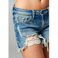 Distressed Lace Jean Shorts - Thumbnail 1