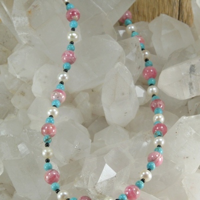Rhodocrosite, turquoise, pearl and onyx necklace