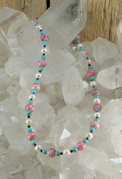 Rhodocrosite, Turquoise, Pearl and Onyx Necklace