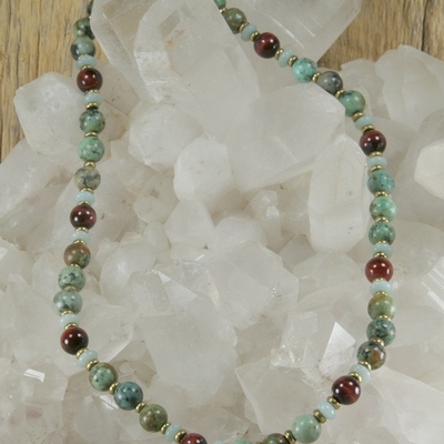African turquoise (jasper), red tiger eye and amazonite necklace
