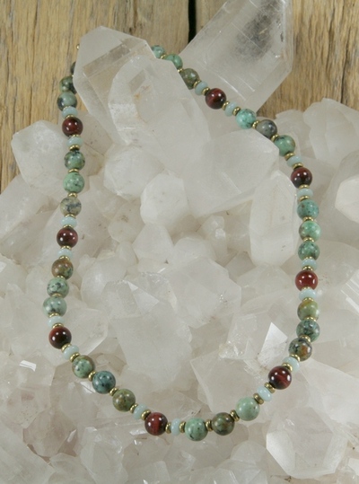 African Turquoise (Jasper), Red Tiger Eye and Amazonite Necklace